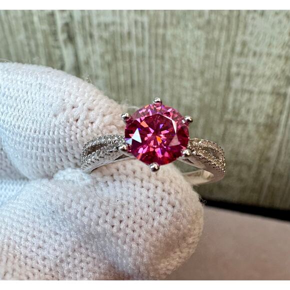 NEW Pink Sakura/White Moissanite - 75% 18k White Gold, Sz.6 - Picture 4 of 9